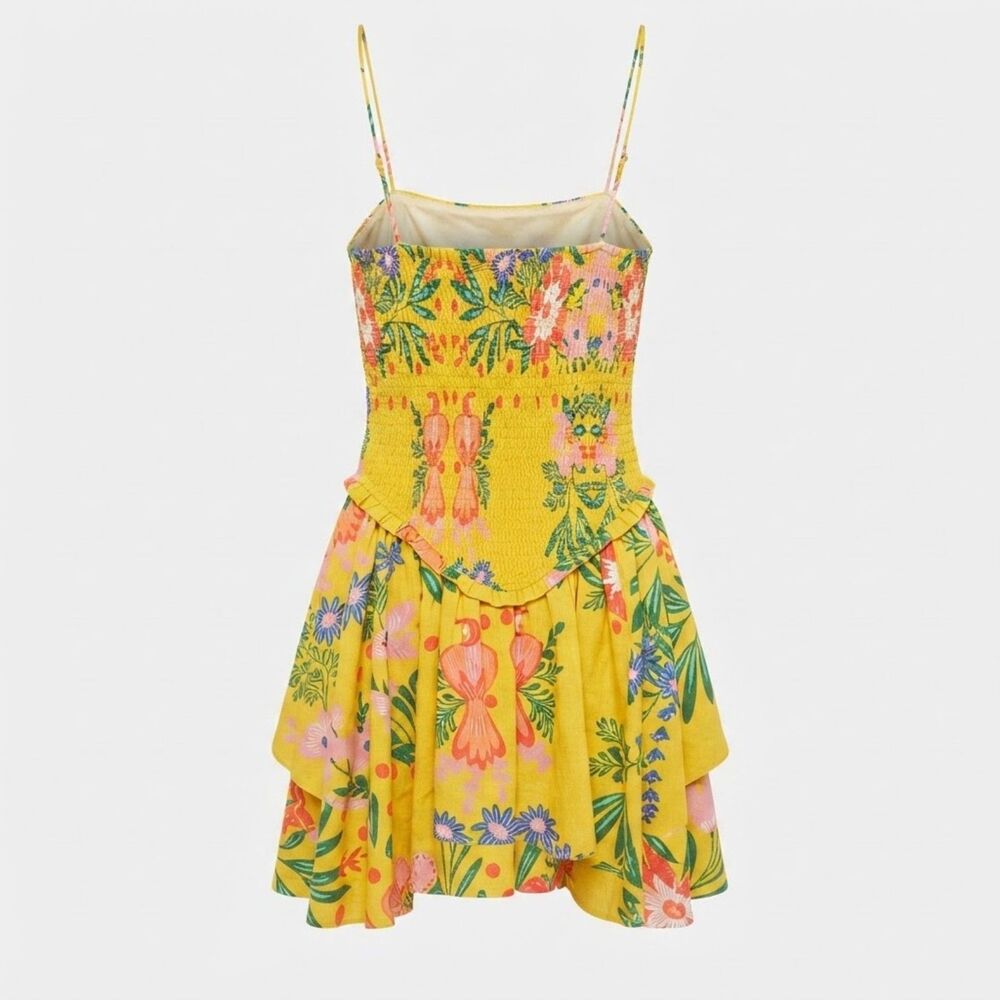 NWT Chelsea & Violet Yellow Tropical Smocked Bodice Ruffle Hem Dress L